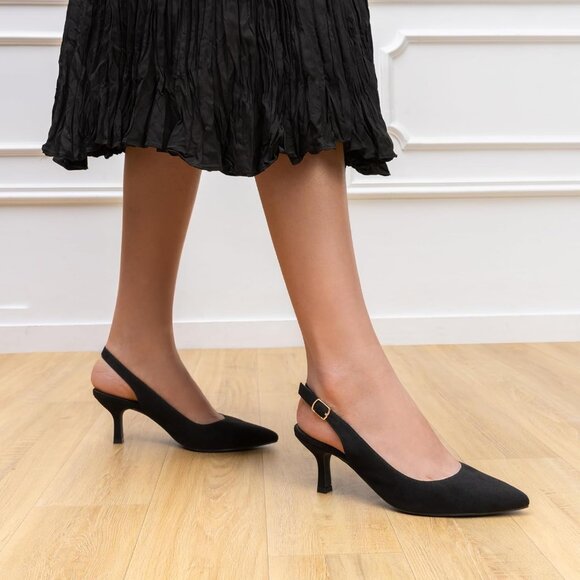 Dream Pairs Women Black-suede Faux Suede Pointed Toe Slingback Low Kitten Heels - Picture 7 of 7